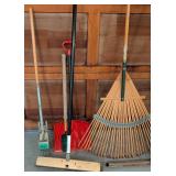 G - Collection of Lawn and Garden Tools Including Rakes, Shovels, and Brooms