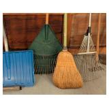 G - Collection of Lawn and Garden Tools Including Rakes, Shovels, and Brooms
