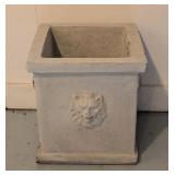 G - Square Cement Planter with Lion Head Relief, 12 Inch