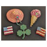 DR - Set of 5 Bauer Rhinestone Brooches - Hat, Ice Cream, Flags, and Clover