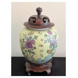 ML - Hand Painted Porcelain Ginger Jar with Wood Stand and Lid, Floral Motif
