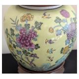 ML - Hand Painted Porcelain Ginger Jar with Wood Stand and Lid, Floral Motif