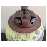 ML - Hand Painted Porcelain Ginger Jar with Wood Stand and Lid, Floral Motif