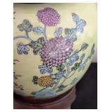 ML - Hand Painted Porcelain Ginger Jar with Wood Stand and Lid, Floral Motif