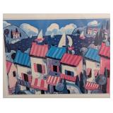 UL - Framed Coastal Village Artwork Signed Print