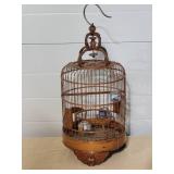 Vintage Chinese Bamboo Bird Cage Very Ornate With 3 Porcelain Feed Bowls