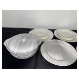 White Ceramic Dinnerware Set with Plates, Bowls, and Covered Serving Dish