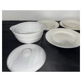 White Ceramic Dinnerware Set with Plates, Bowls, and Covered Serving Dish
