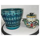 Ceramic Blue Planter and Decorative Teapot with Birdhouse Design