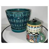 Ceramic Blue Planter and Decorative Teapot with Birdhouse Design