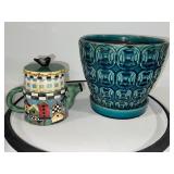 Ceramic Blue Planter and Decorative Teapot with Birdhouse Design