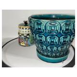 Ceramic Blue Planter and Decorative Teapot with Birdhouse Design