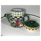 Ceramic Blue Planter and Decorative Teapot with Birdhouse Design