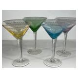 Set of 4 Colored Etched Martini Glasses