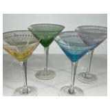 Set of 4 Colored Etched Martini Glasses