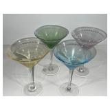 Set of 4 Colored Etched Martini Glasses