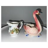 Porcelain Creamer with Floral Insects and Pink Swan Planter Made in Japan