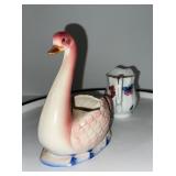 Porcelain Creamer with Floral Insects and Pink Swan Planter Made in Japan