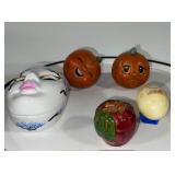 Collection of 5 Decorative Figurines - Mask Trinket Box, Pumpkins, Marble Egg, and Apple
