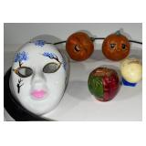 Collection of 5 Decorative Figurines - Mask Trinket Box, Pumpkins, Marble Egg, and Apple