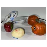 Collection of 5 Decorative Figurines - Mask Trinket Box, Pumpkins, Marble Egg, and Apple