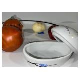 Collection of 5 Decorative Figurines - Mask Trinket Box, Pumpkins, Marble Egg, and Apple