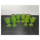 Set of 8 Green Depression  Pressed Glass Goblets with Decorative Pattern