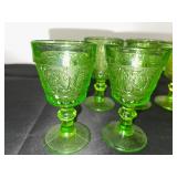Set of 8 Green Depression  Pressed Glass Goblets with Decorative Pattern