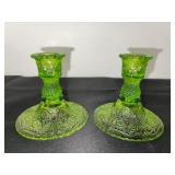 Set of Green Depression  Glass Tableware with Candlesticks, Creamer, Bowl, and Shakers