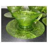 Set of 8 Vintage Green Depression  Glass Teacups with Saucers