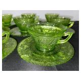 Set of 8 Vintage Green Depression  Glass Teacups with Saucers