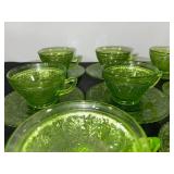 Set of 8 Vintage Green Depression  Glass Teacups with Saucers