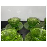 Set of 8 Vintage Green Depression  Glass Teacups with Saucers