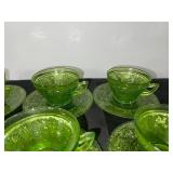 Set of 8 Vintage Green Depression  Glass Teacups with Saucers