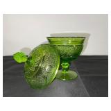 Green Pressed Glass Lidded Compote Dish with Pedestal, 8 Inch Tall