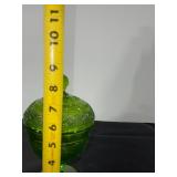 Green Pressed Glass Lidded Compote Dish with Pedestal, 8 Inch Tall