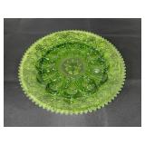 Green Pressed Glass Deviled Egg Plate with Decorative Pattern, 11 Inch