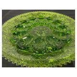 Green Pressed Glass Deviled Egg Plate with Decorative Pattern, 11 Inch