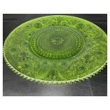 Vintage Green Uranium Glass Plate with Floral Pattern, 14 Inch