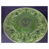 Vintage Green Uranium Glass Plate with Floral Pattern, 14 Inch