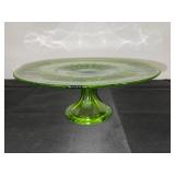 Vintage Green Glass Pedestal Cake Stand, 13 Inch Floral Pattern