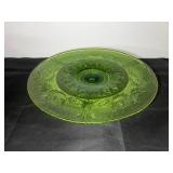 Vintage Green Glass Pedestal Cake Stand, 13 Inch Floral Pattern