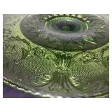 Vintage Green Glass Pedestal Cake Stand, 13 Inch Floral Pattern
