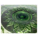 Vintage Green Glass Pedestal Cake Stand, 13 Inch Floral Pattern