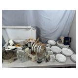 Assorted Glassware, Kitchen Items, Cooking Items, Plates, and More