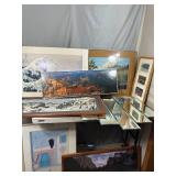 Vintage Mirror and Assorted Framed and Unframed Wall Decor