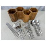 New Wood Untensil Caddy with Pfaltzgraff Flatware
