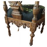 LR - Antique Carved Wood Corner Chair with Winged Lion Detail and Embroidered Seat