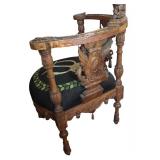 LR - Antique Carved Wood Corner Chair with Winged Lion Detail and Embroidered Seat