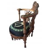 LR - Antique Carved Wood Corner Chair with Winged Lion Detail and Embroidered Seat